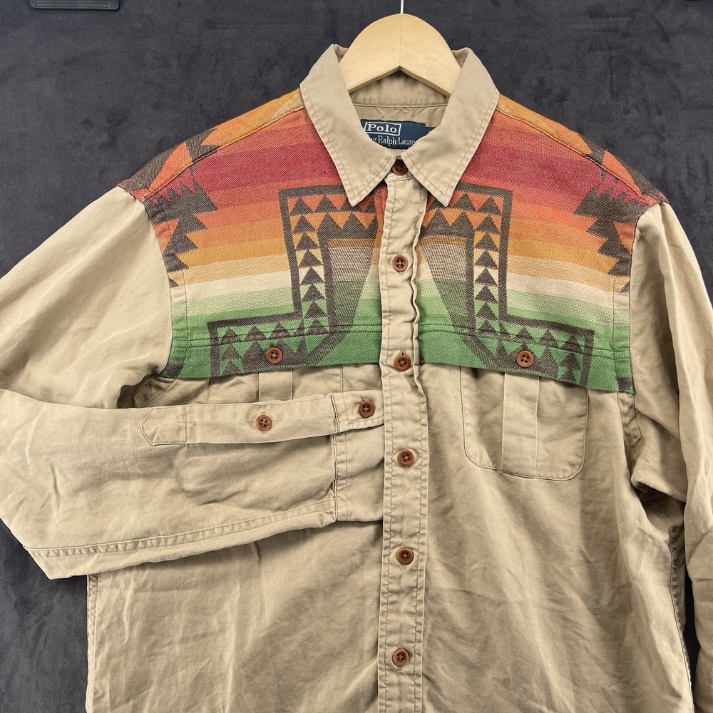 RARE Polo Ralph Lauren Southwestern Navajo Shirt Y2K Vintage Linen Cotton M